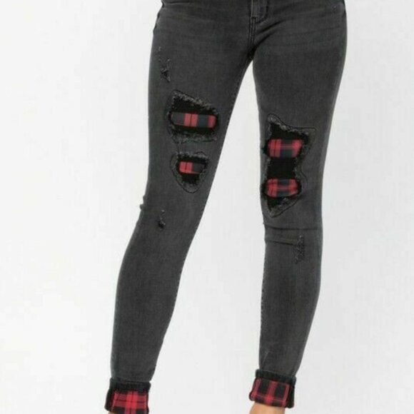 EUC Women's JUDY BLUE Rayann Buffalo Plaid Patch Jeans Faded Black | Size 14 W - Picture 1 of 13
